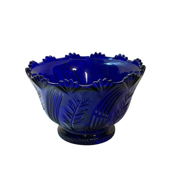 Rare Vintage Large Poland Crystallina Cobalt Blue Glass Footed Fruit Bowl, 9" Di - Picture 6 of 9